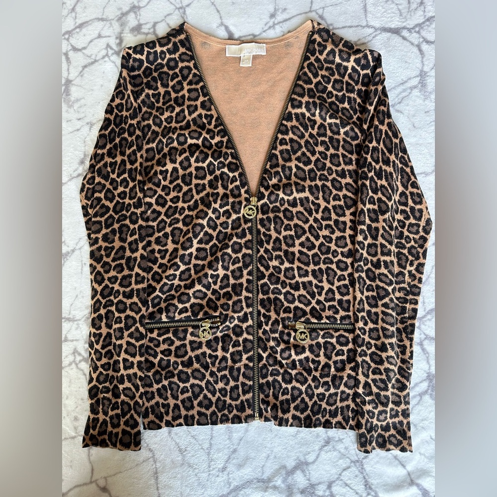 Michael Kors Sweater Leopard Print XS, Big MK Buttons, Preppy, Date, Retro, 90s